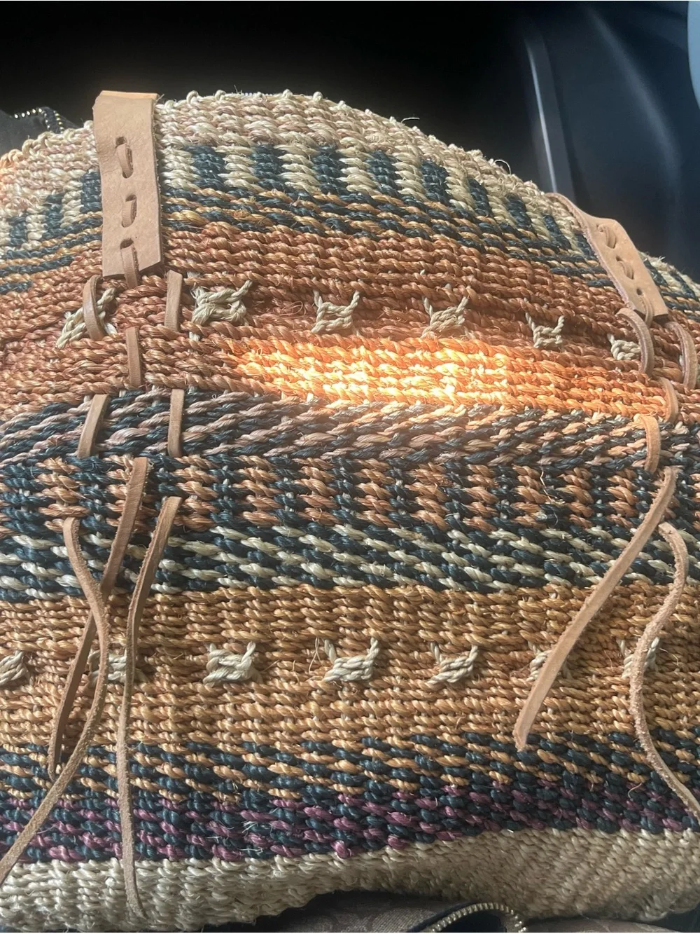 Vintage Woven Straw Tote Bag with Leather Straps - Natural Brown & Black
